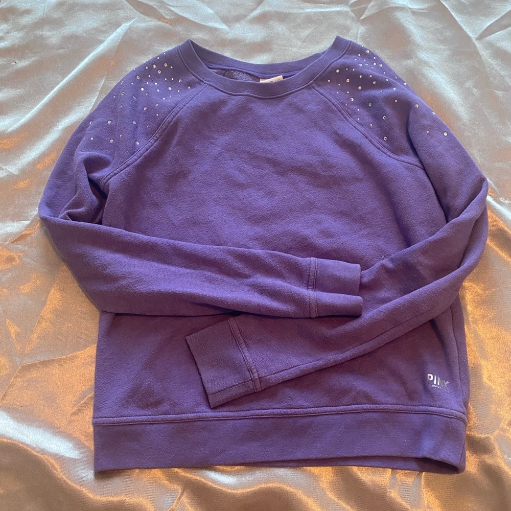 PINK lavender crewneck with gems on the top of sleeves